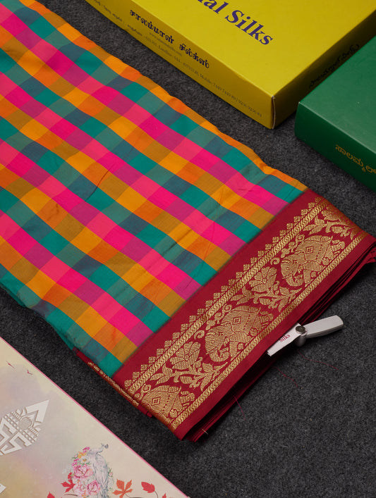 10 Yards Art Silk Saree Paalum Pazham Checks with Contrast Maroon Traditional Border