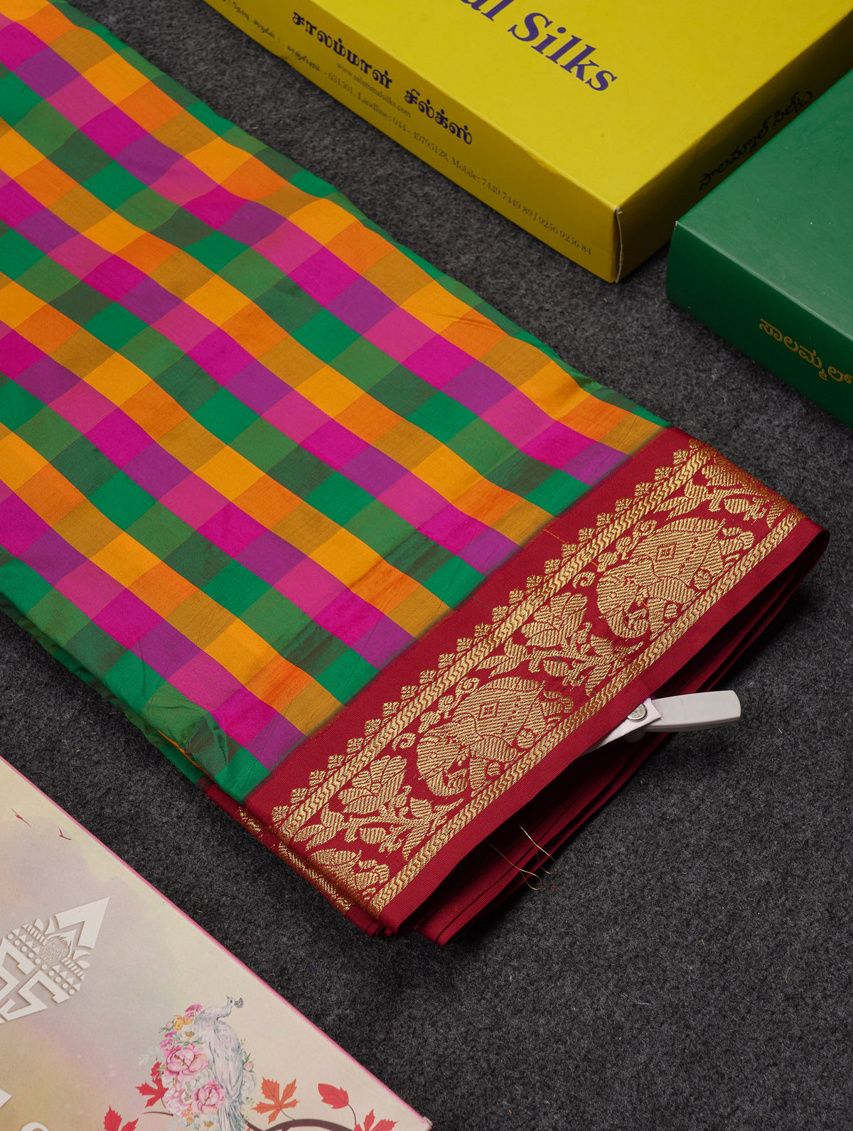 9 Yards Semi Silk Saree Paalum Pazham Checks With Contrast Maroon Traditional Border