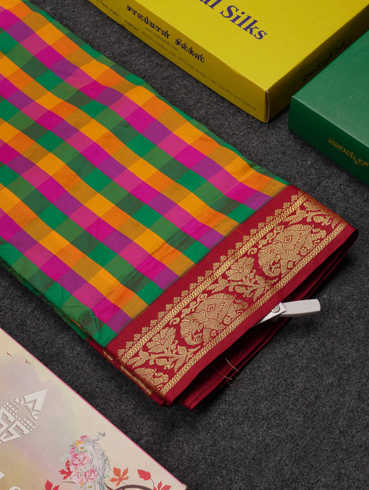 9 Yards Semi Silk Saree Paalum Pazham Checks With Contrast Maroon Traditional Border