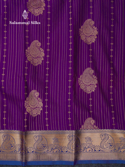Beautiful Dark Maroon Zari Lines With Butta Semi Silk Saree With Contrast Bottle Green Traditional Border
