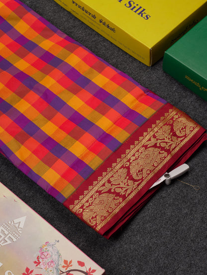 10 Yards Art Silk Saree Paalum Pazham Checks with Contrast Maroon Traditional Border