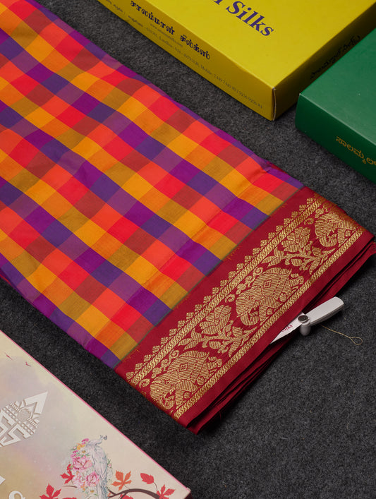10 Yards Art Silk Saree Paalum Pazham Checks with Contrast Maroon Traditional Border