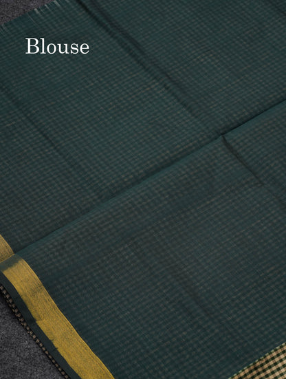 Beautiful Half White & Bottle Green Tiny Checks Semi Silk Cotton Saree With Contrast Bottle Green Blouse