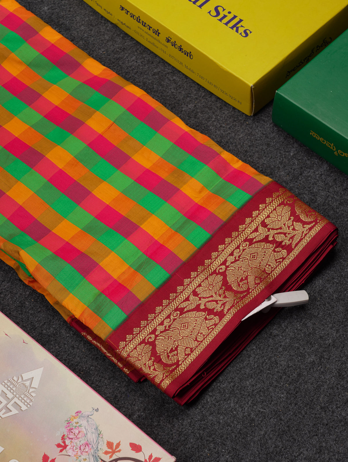 9 Yards Semi Silk Saree Paalum Pazham Checks With Contrast Maroon Traditional Border