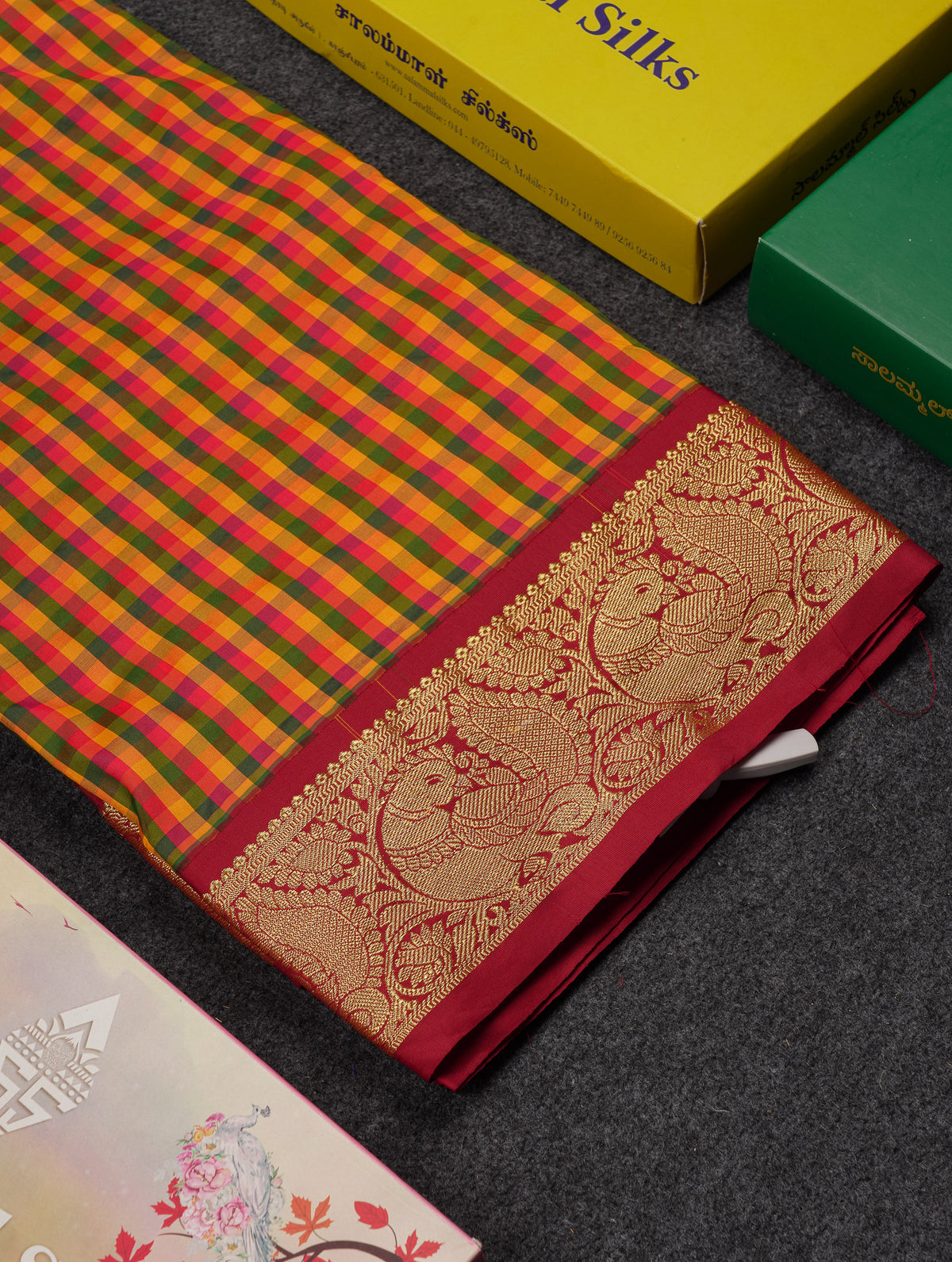 10.5 Yards Semi Silk Saree Paalum Pazham Checks With Contrast Maroon Traditional Border