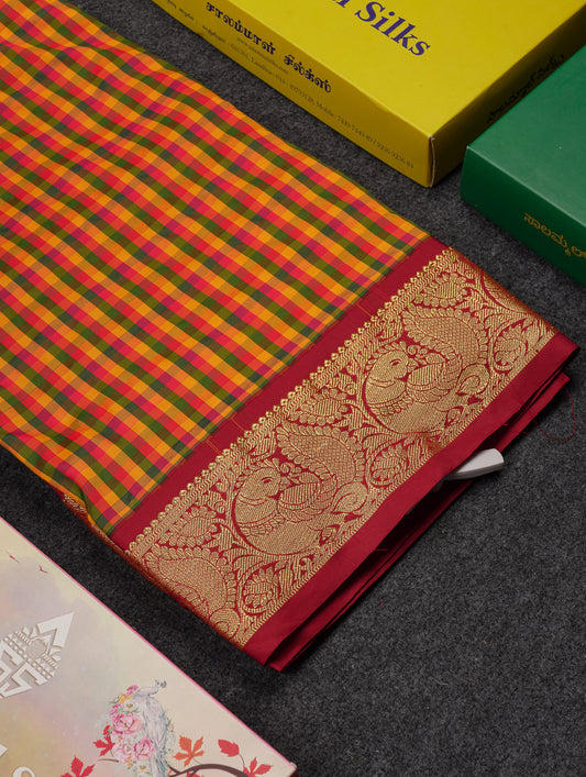10.5 Yards Semi Silk Saree Paalum Pazham Checks With Contrast Maroon Traditional Border