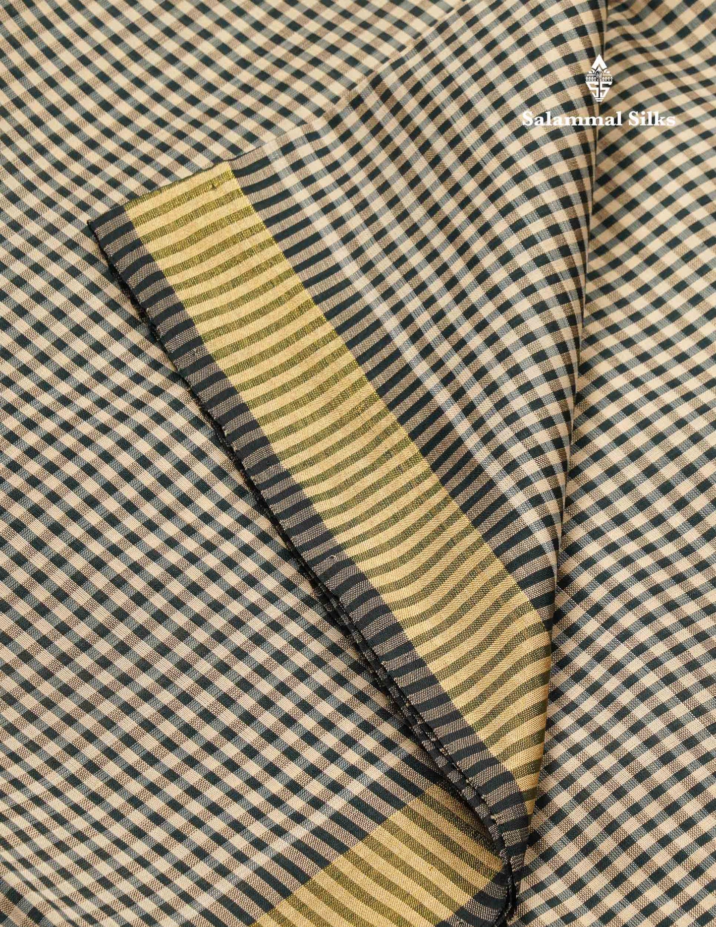 Beautiful Half White & Bottle Green Tiny Checks Semi Silk Cotton Saree With Contrast Bottle Green Blouse