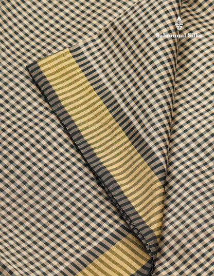 Beautiful Half White & Bottle Green Tiny Checks Semi Silk Cotton Saree With Contrast Bottle Green Blouse