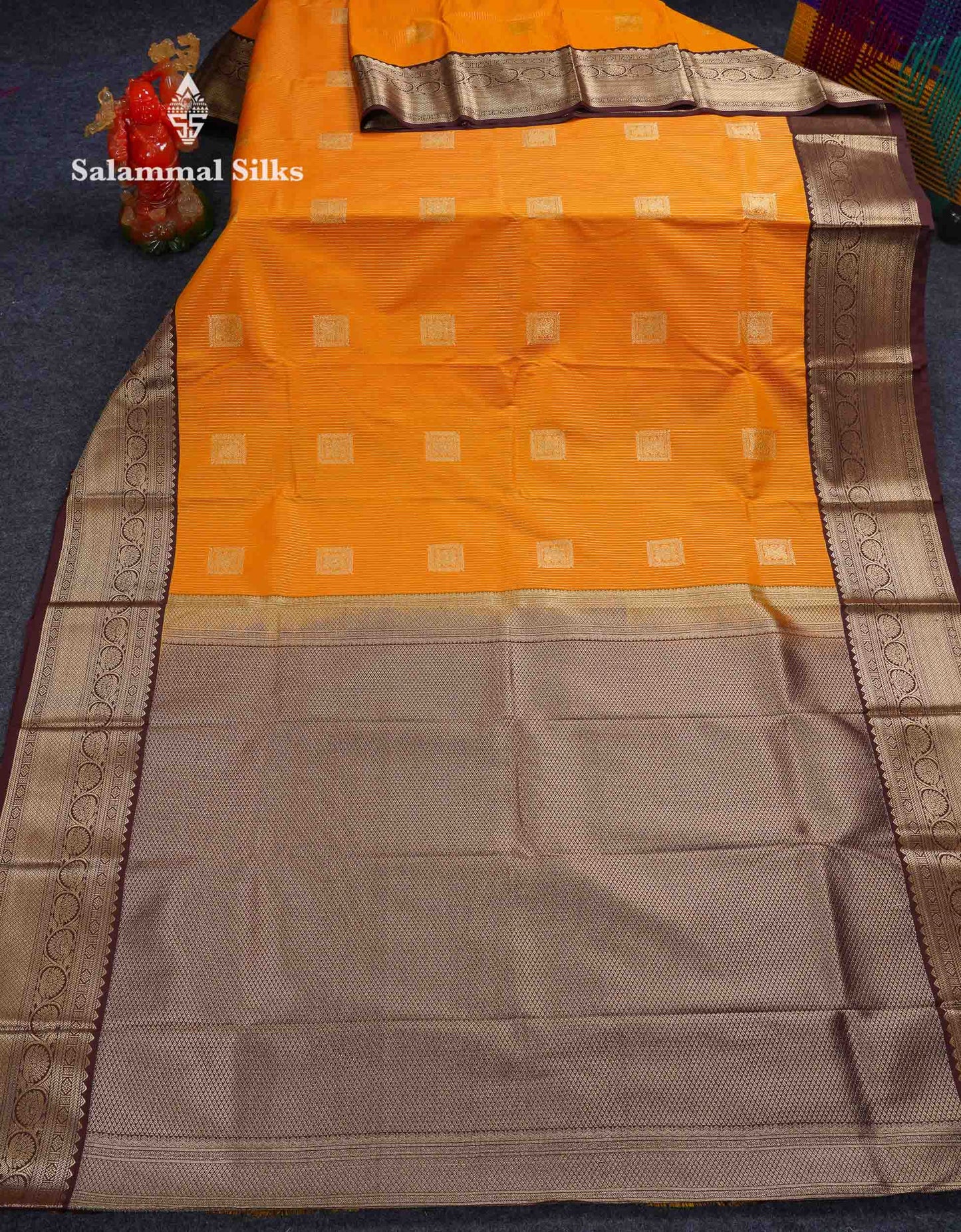 Beautiful Mustard Yellow Zari Lines With Butta Semi Silk Saree With Contrast Dark Brown Traditional Border
