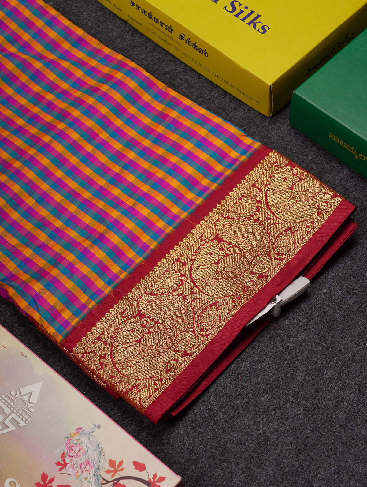 10.5 Yards Semi Silk Saree Paalum Pazham Checks With Contrast Maroon Traditional Border
