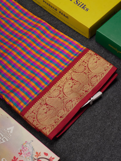 10.5 Yards Semi Silk Saree Paalum Pazham Checks With Contrast Maroon Traditional Border