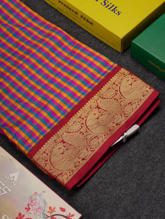10.5 Yards Semi Silk Saree Paalum Pazham Checks With Contrast Maroon Traditional Border