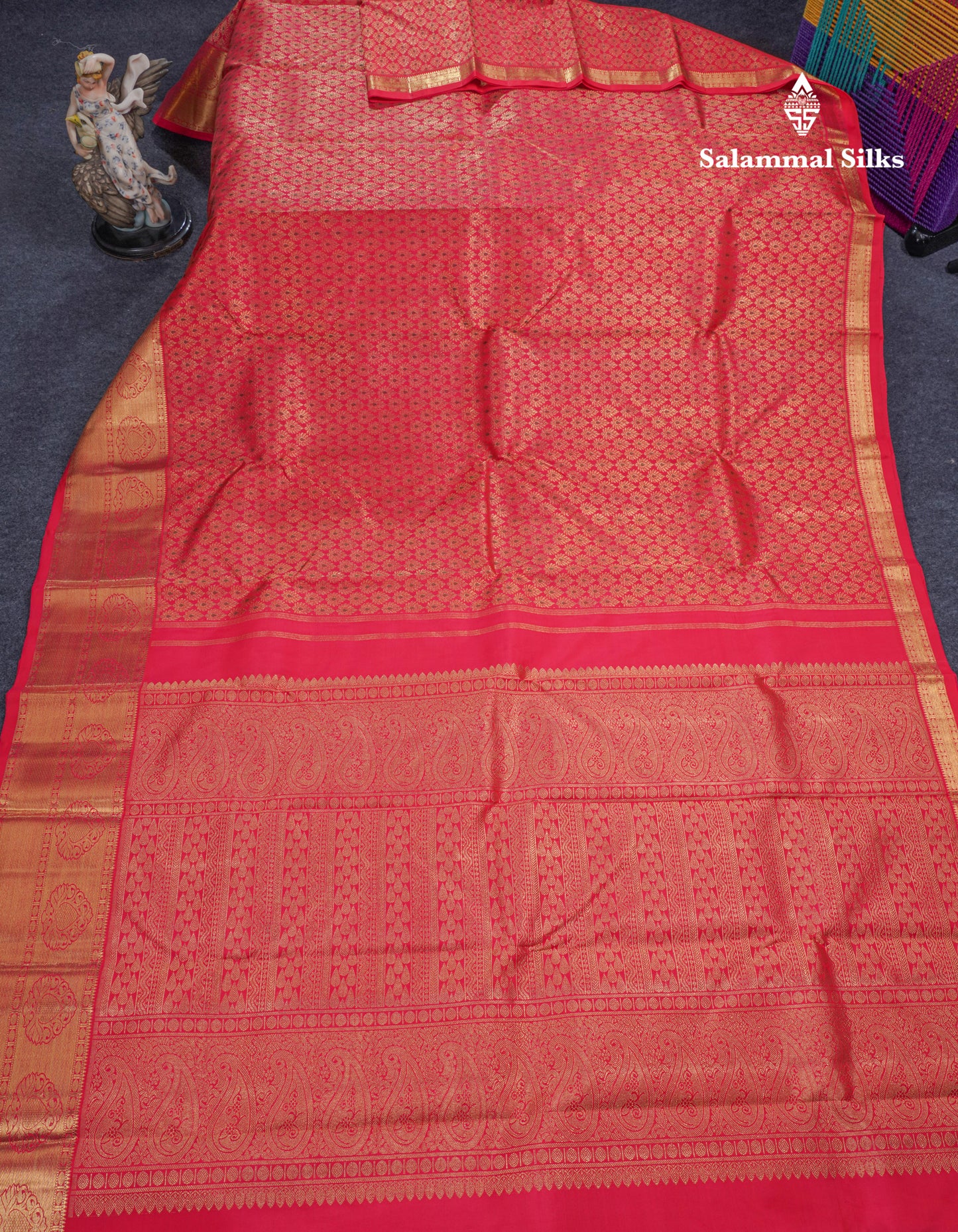 Reddish Pink Meenakari Work Pure Kanjivaram Silk Saree 3G Zari with Traditional Gold Zari Border