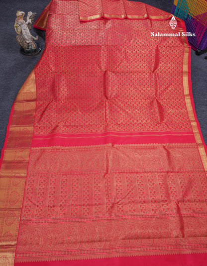 Reddish Pink Meenakari Work Pure Kanjivaram Silk Saree 3G Zari with Traditional Gold Zari Border