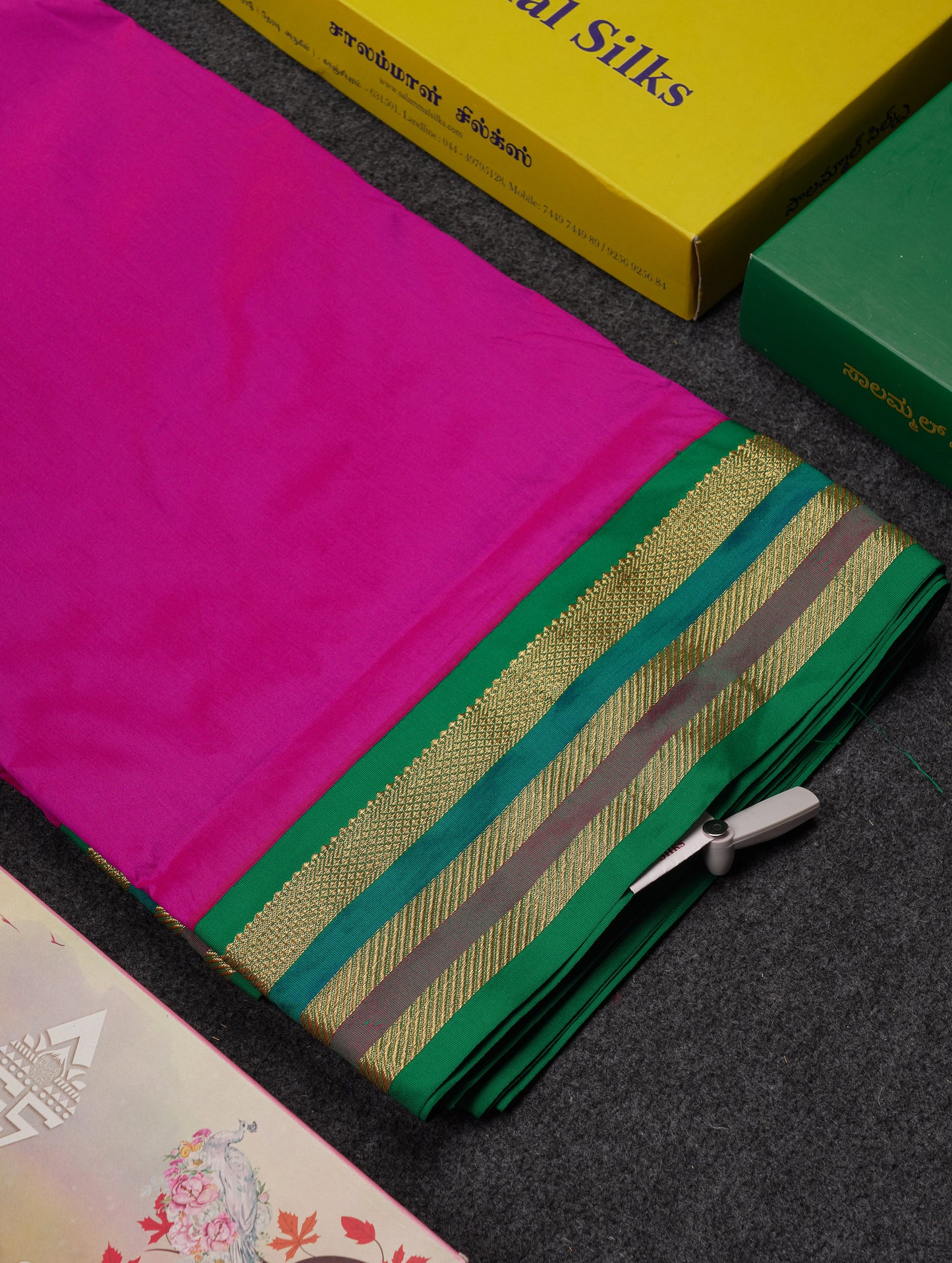 10.5 Yards Semi Silk Saree Green With Contrast Pink Traditional Border