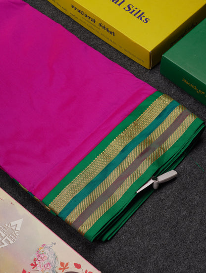 10.5 Yards Semi Silk Saree Green With Contrast Pink Traditional Border