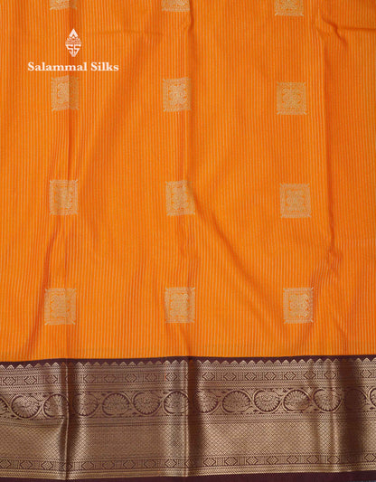 Beautiful Mustard Yellow Zari Lines With Butta Semi Silk Saree With Contrast Dark Brown Traditional Border