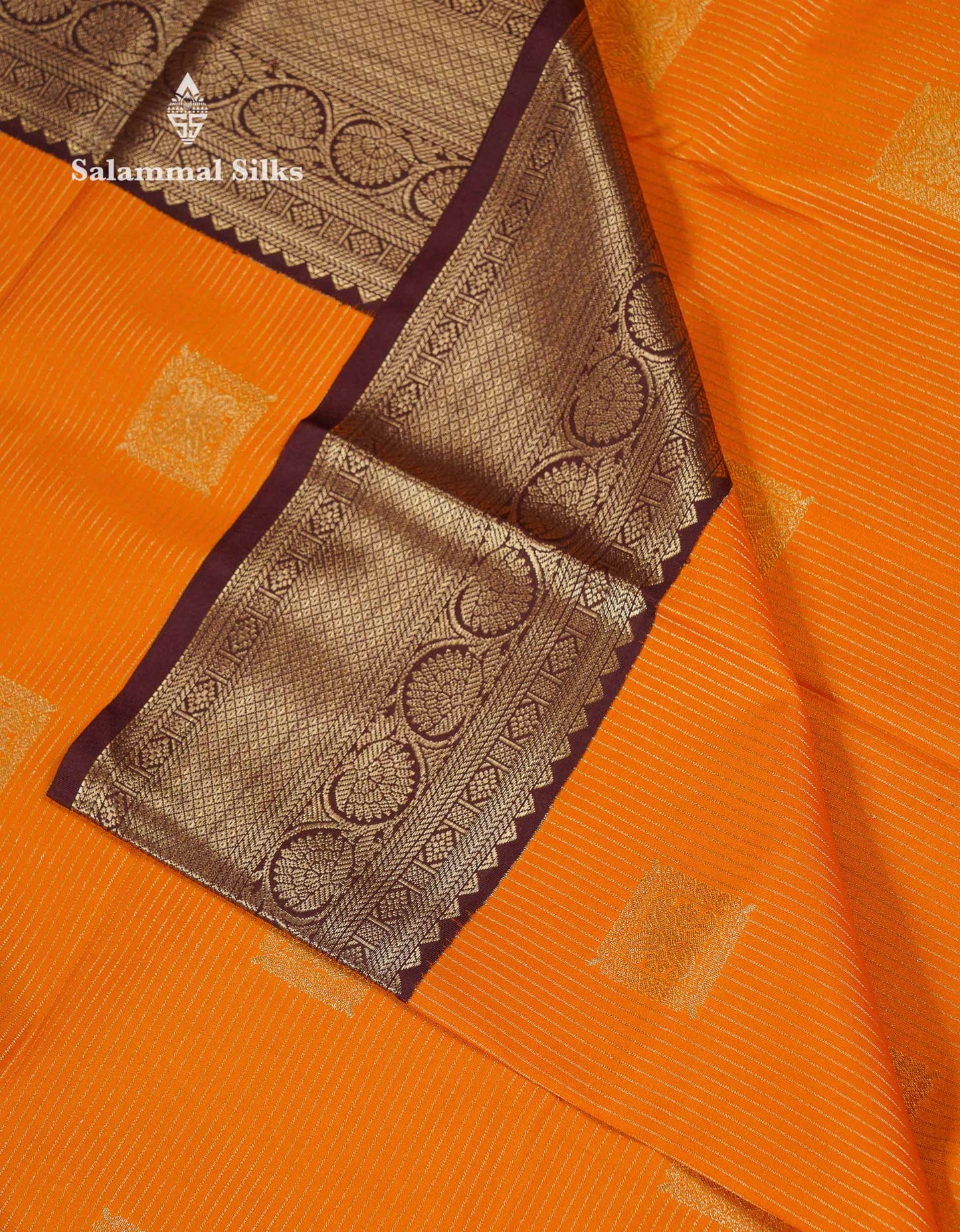 Beautiful Mustard Yellow Zari Lines With Butta Semi Silk Saree With Contrast Dark Brown Traditional Border