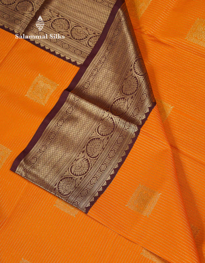 Beautiful Mustard Yellow Zari Lines With Butta Semi Silk Saree With Contrast Dark Brown Traditional Border