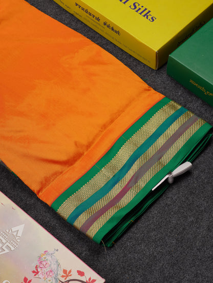 10.5 Yards Semi Silk Saree Green With Contrast Pink Traditional Border