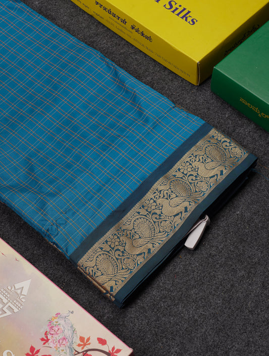 10 Yards Art Silk Saree Peacock Blue Checks with Traditional Border