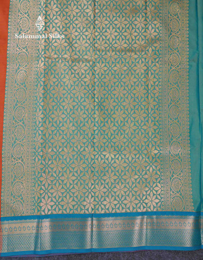 Beautiful Rust Orange Big Zari Butta Semi Silk Saree With Contrast Sapphire Green Blouse