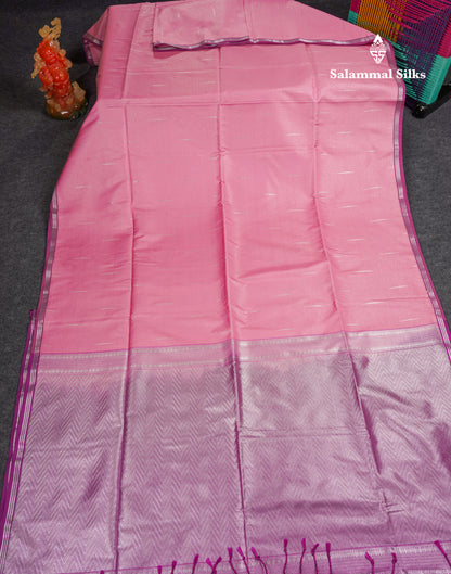 Light Pink Tiny Zari Checks With Malli Moggu Butta Semi Soft Silk Saree With Contrast Small Purple Border