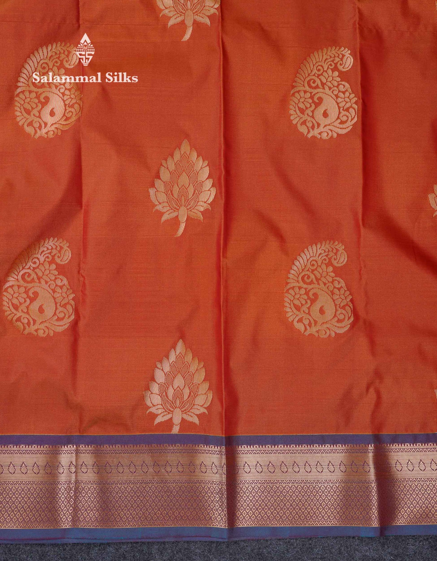 Beautiful Rust Orange Big Zari Butta Semi Silk Saree With Contrast Sapphire Green Blouse