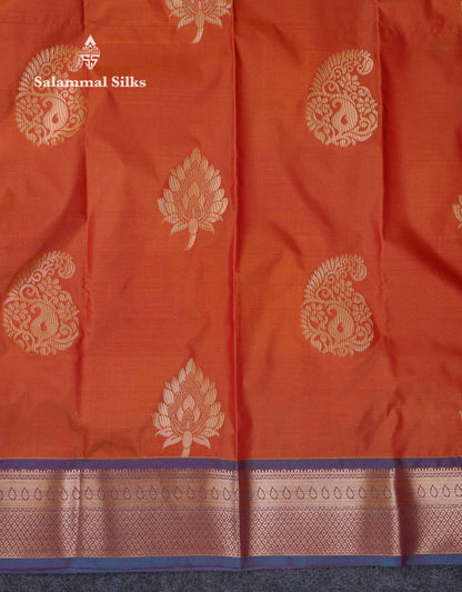 Beautiful Rust Orange Big Zari Butta Semi Silk Saree With Contrast Sapphire Green Blouse