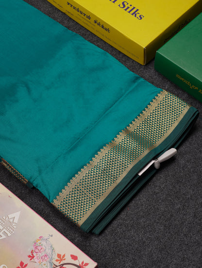 10.5 Yards Semi Silk Saree Peacock Blue Plain With Traditional Border