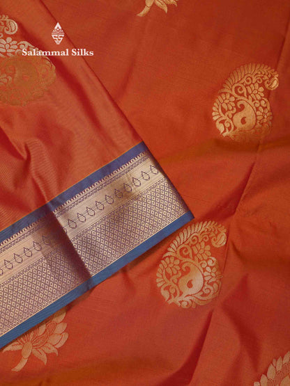 Beautiful Rust Orange Big Zari Butta Semi Silk Saree With Contrast Sapphire Green Blouse