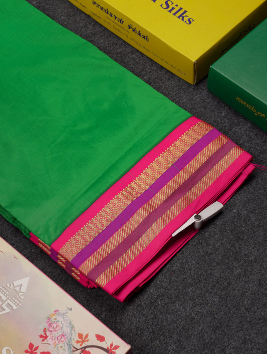 10.5 Yards Semi Silk Saree Green With Contrast Pink Traditional Border