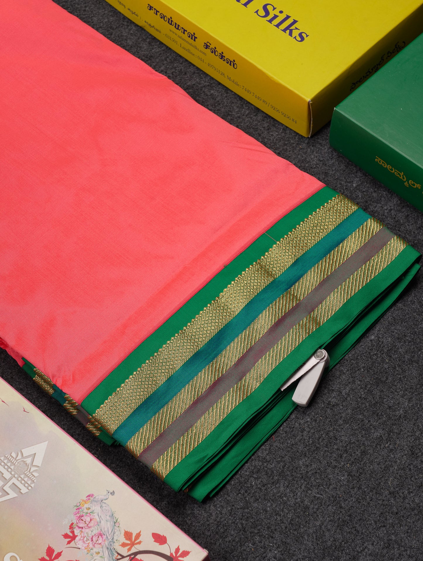 10.5 Yards Semi Silk Saree Green With Contrast Pink Traditional Border
