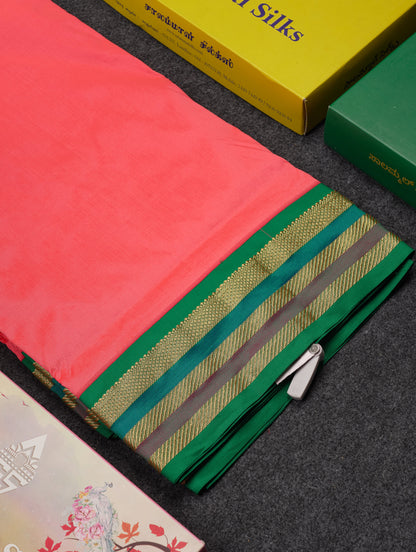 10.5 Yards Semi Silk Saree Green With Contrast Pink Traditional Border