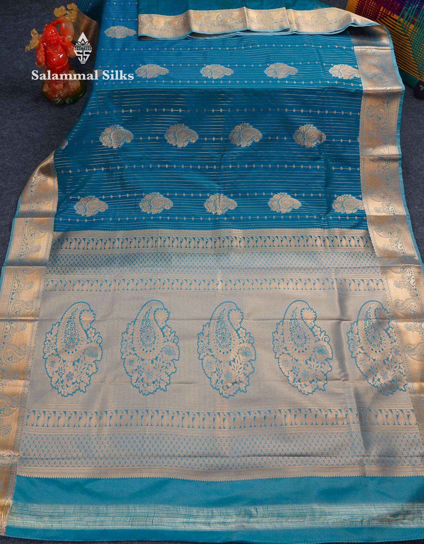 Beautiful Dark Maroon Zari Lines With Butta Semi Silk Saree With Contrast Bottle Green Traditional Border