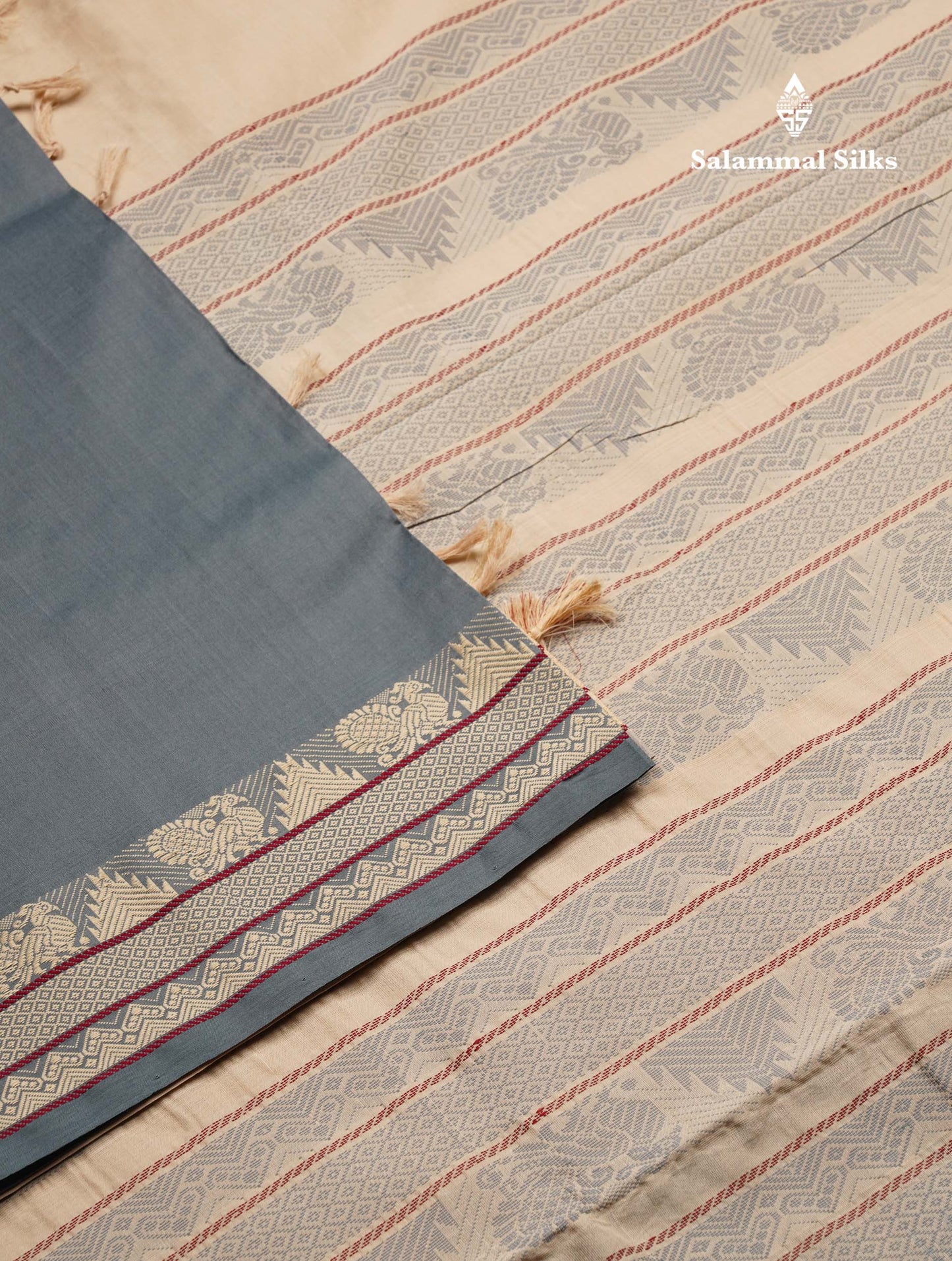 Blueish Grey Thread Work Plain Semi Silk Cotton Saree With Contrast Beige Blouse