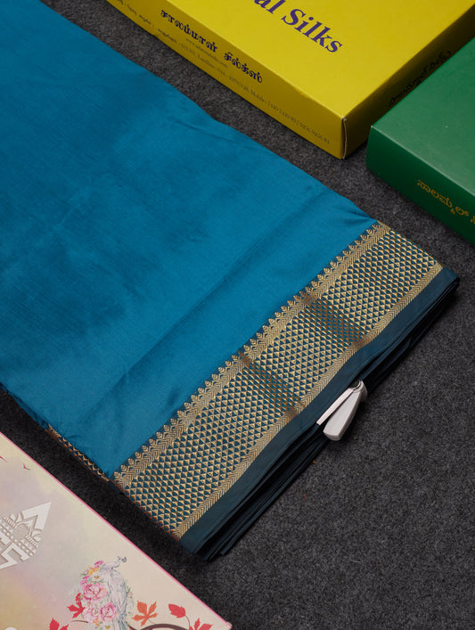 10.5 Yards Semi Silk Saree Peacock Blue Plain With Traditional Border