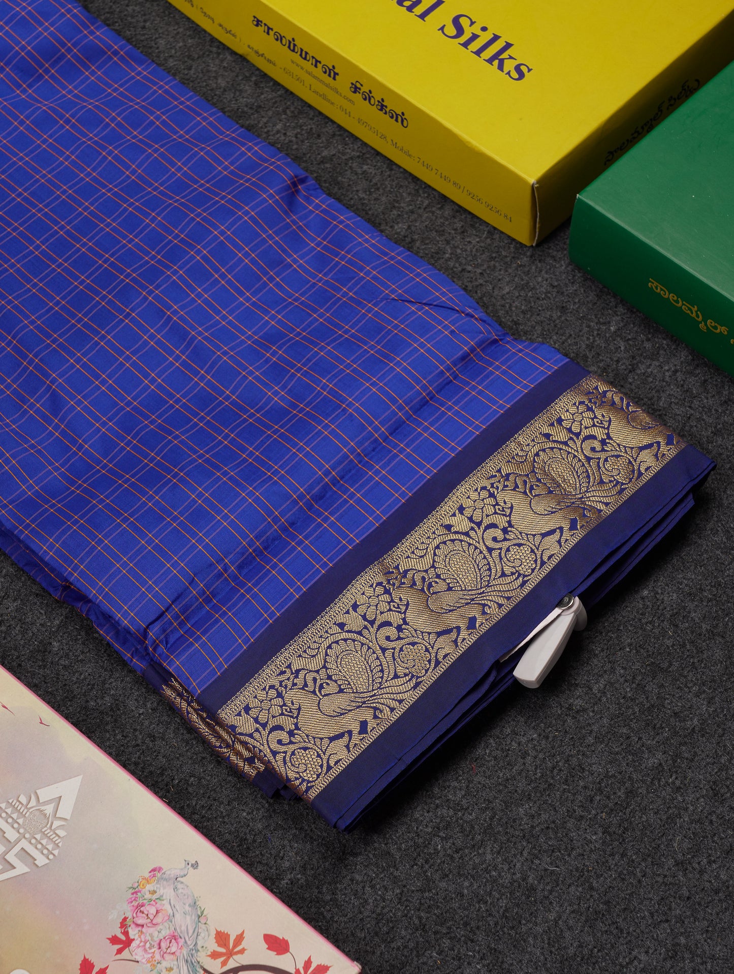 10 Yards Art Silk Saree Peacock Blue Checks with Traditional Border