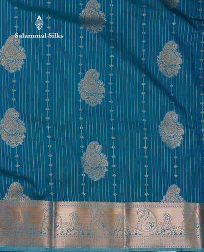 Beautiful Dark Maroon Zari Lines With Butta Semi Silk Saree With Contrast Bottle Green Traditional Border