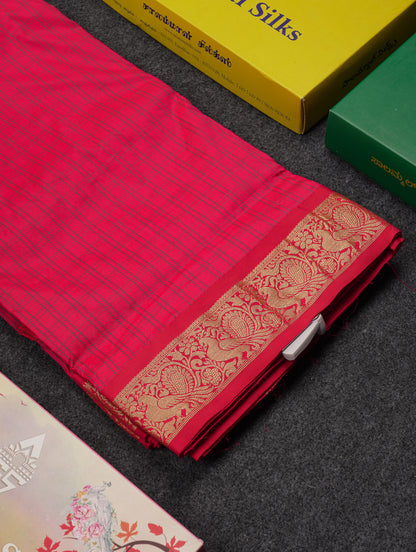 10 Yards Art Silk Saree Peacock Blue Checks with Traditional Border