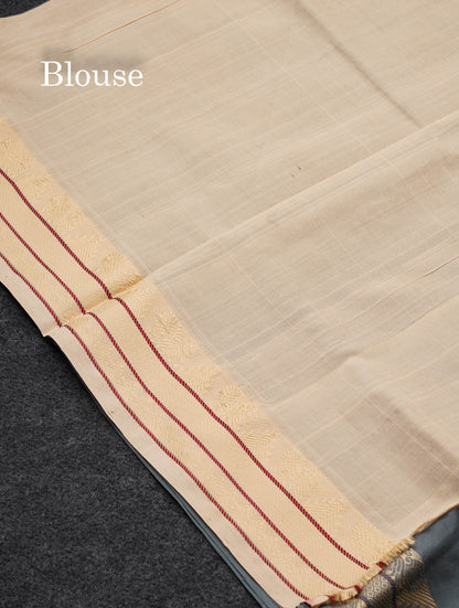 Blueish Grey Thread Work Plain Semi Silk Cotton Saree With Contrast Beige Blouse