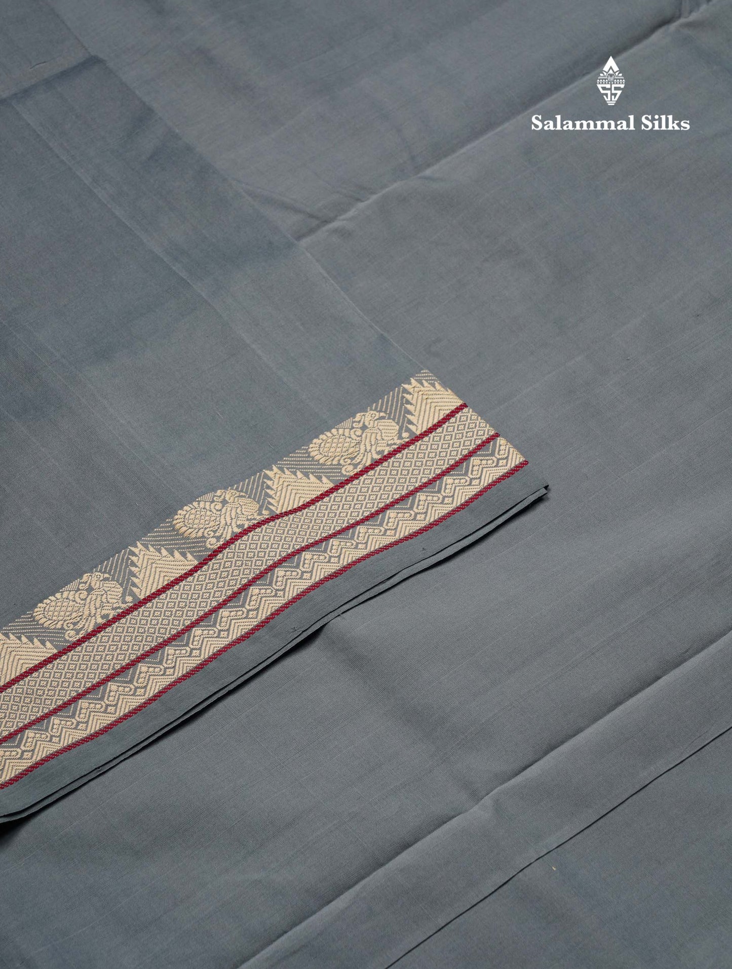 Blueish Grey Thread Work Plain Semi Silk Cotton Saree With Contrast Beige Blouse