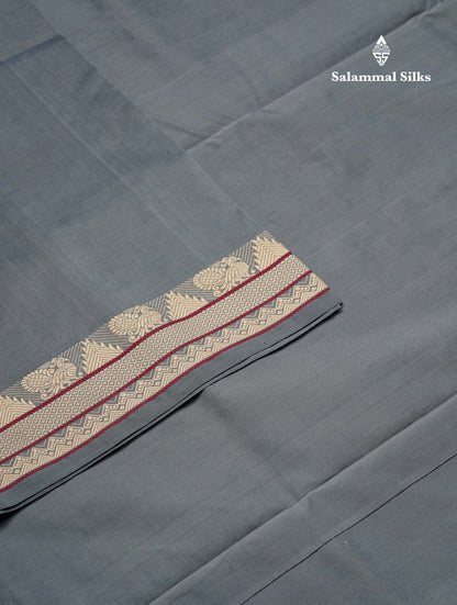 Blueish Grey Thread Work Plain Semi Silk Cotton Saree With Contrast Beige Blouse