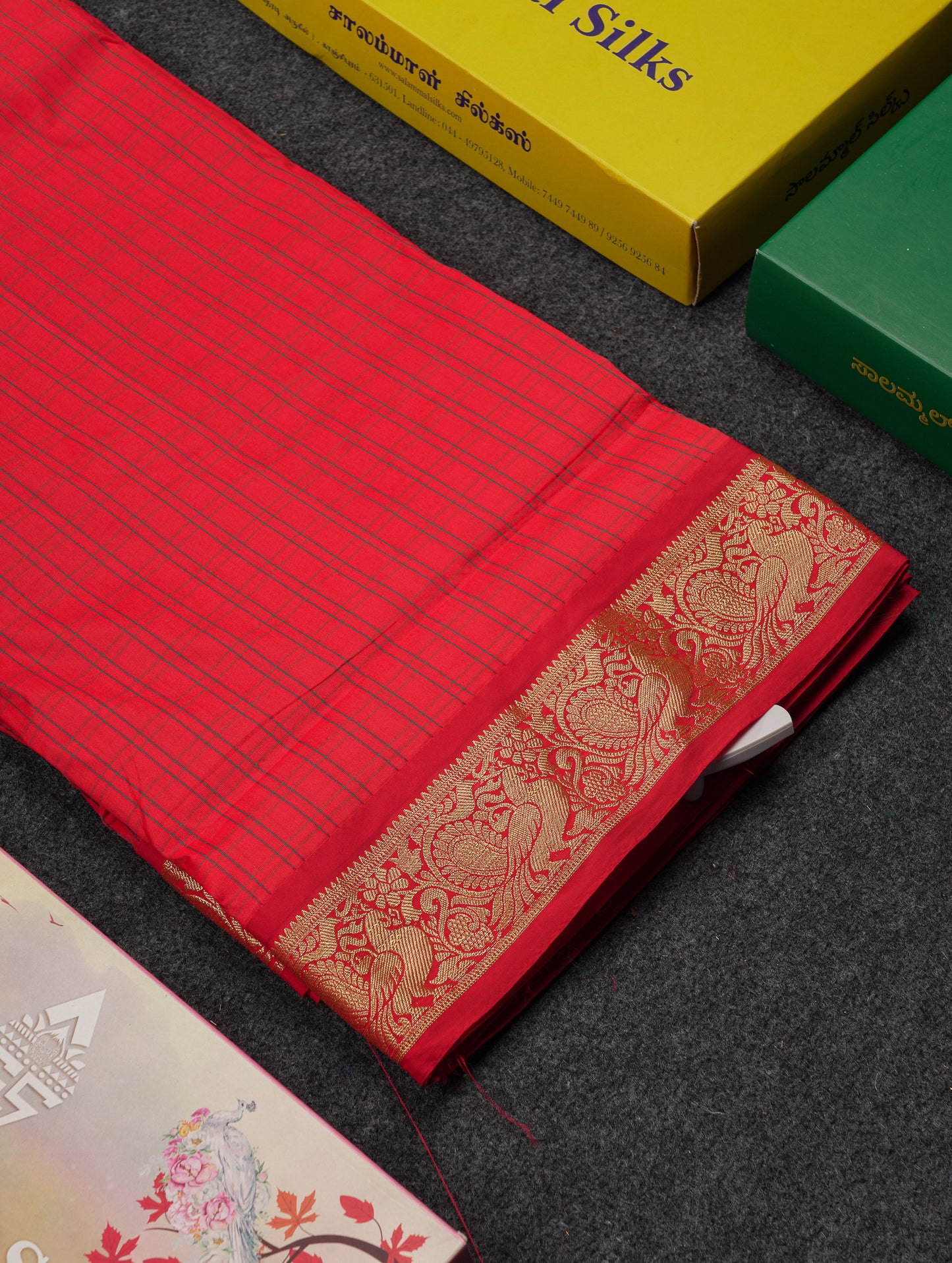 10 Yards Art Silk Saree Peacock Blue Checks with Traditional Border