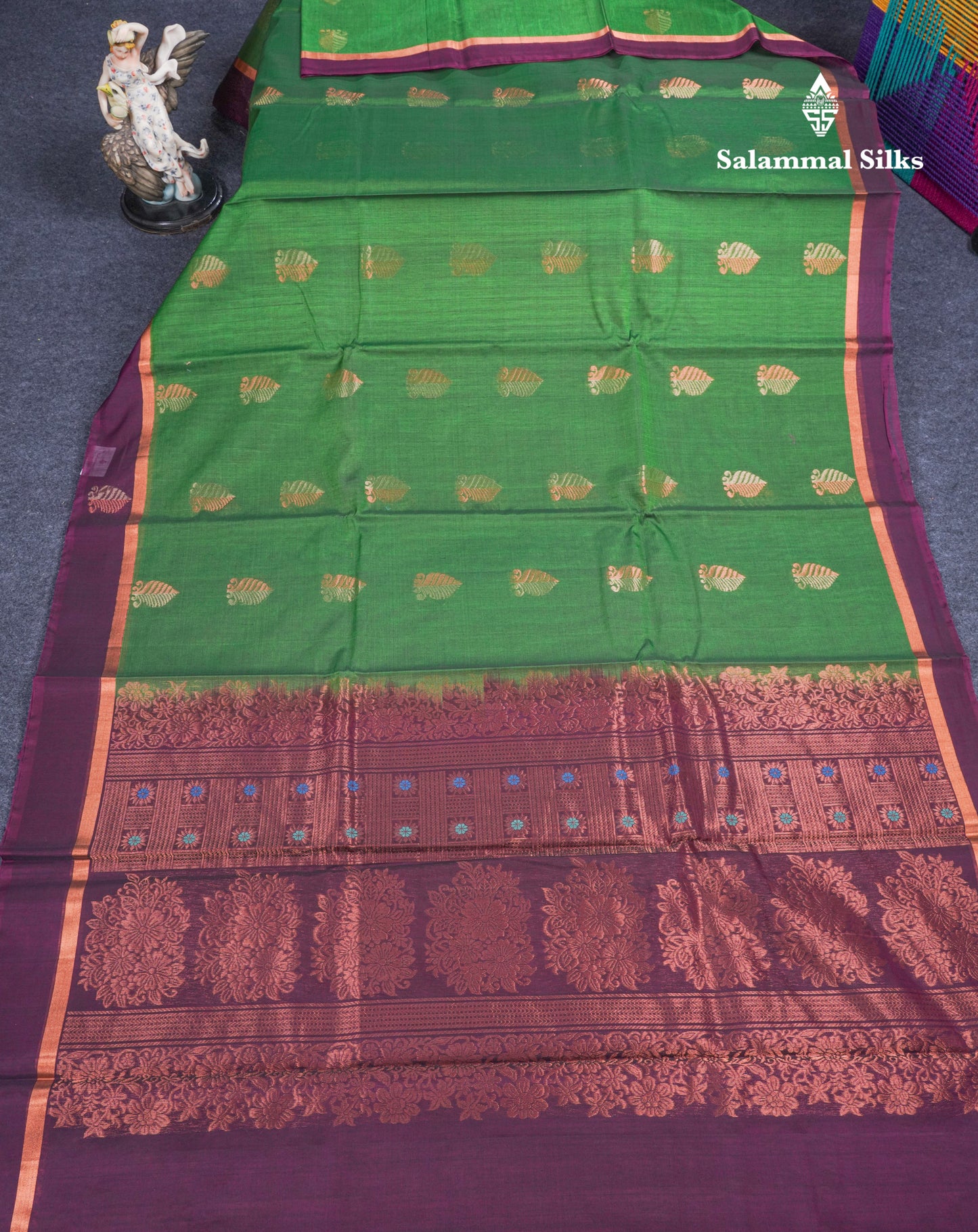 Beautiful Green SICO Cotton Saree With Contrast Magenta Blouse