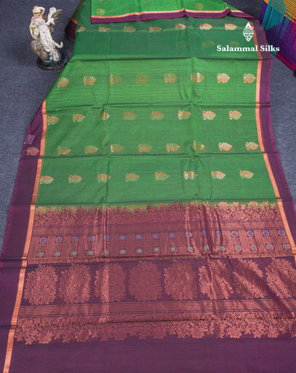 Beautiful Green SICO Cotton Saree With Contrast Magenta Blouse