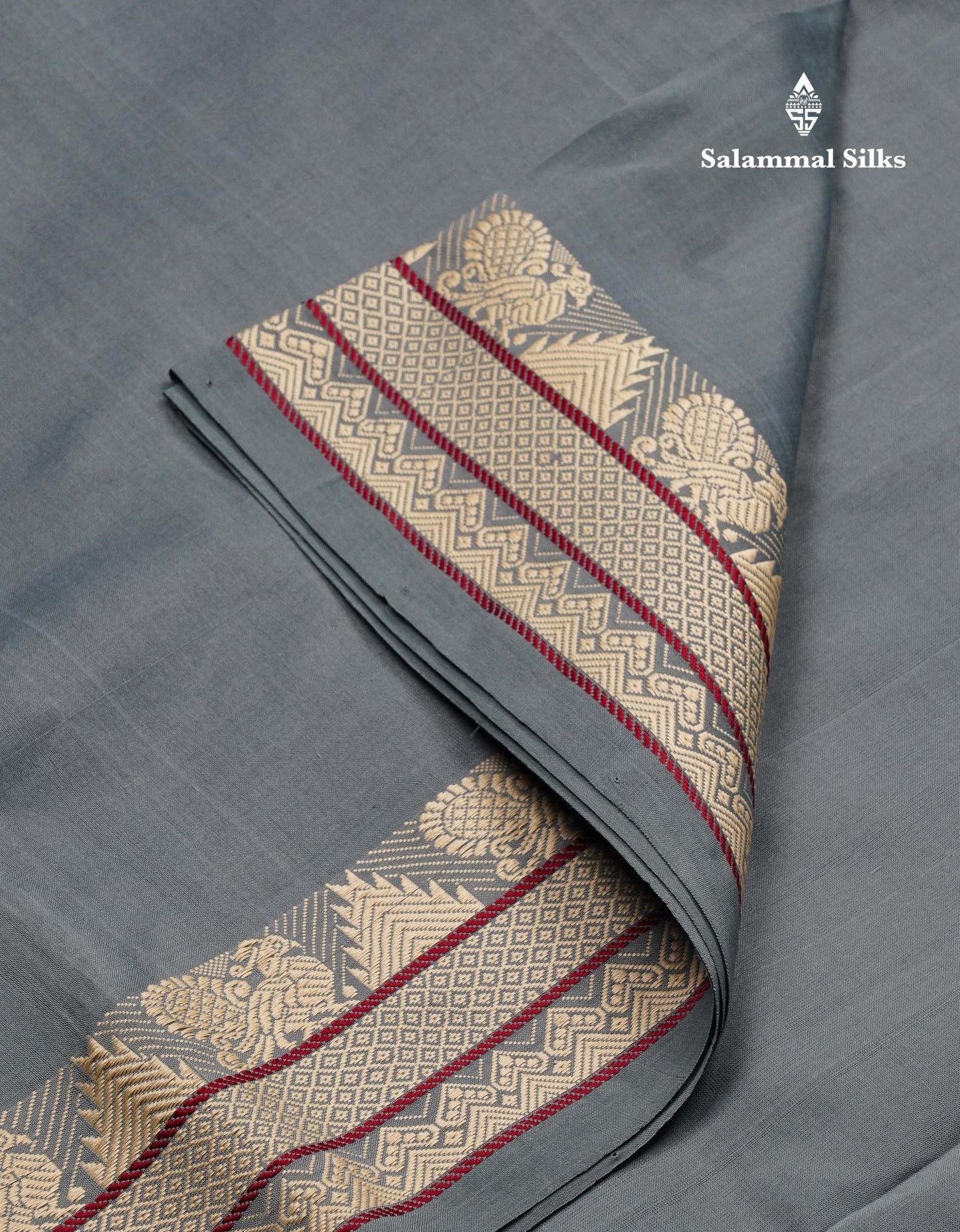 Blueish Grey Thread Work Plain Semi Silk Cotton Saree With Contrast Beige Blouse