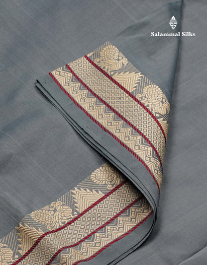 Blueish Grey Thread Work Plain Semi Silk Cotton Saree With Contrast Beige Blouse