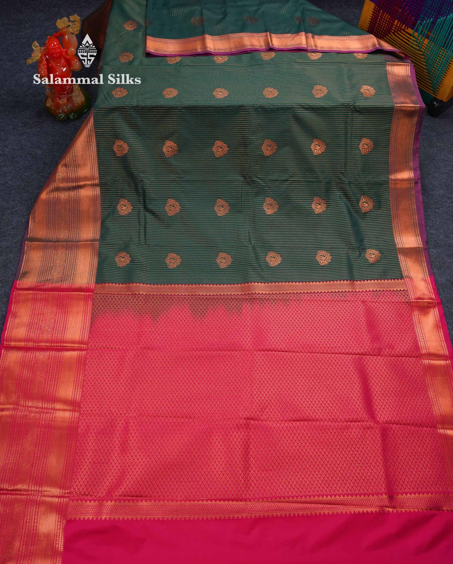 Beautiful Bottle Green Zari Lines With Butta Semi Silk Saree With Traditional Evening Morning Border