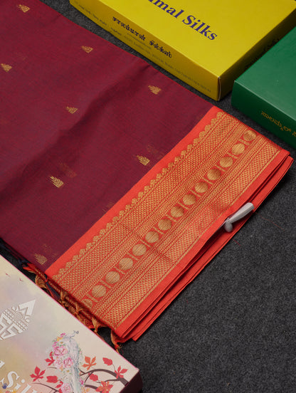 Beautiful Dual Tone Maroon Pure Cotton Saree With Contrast Orange Traditional Border